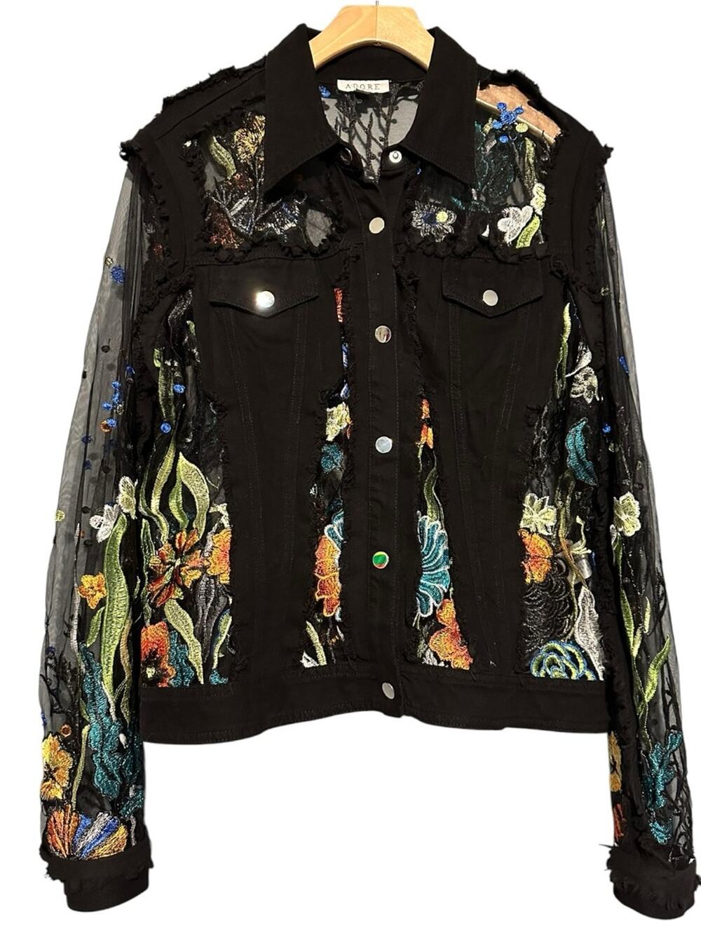 Adore Women’s Size L Black Denim Sheer Floral Embroidered Panels Sleeves Jacket